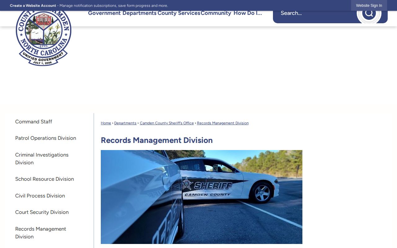 Camden County Sheriff's Records Management Division page